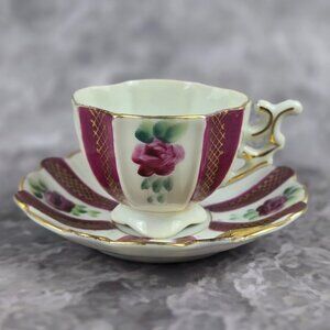 Vintage Bone China Demitasse Cup Saucer Rose Pink White Gold Hand Painted Japan
